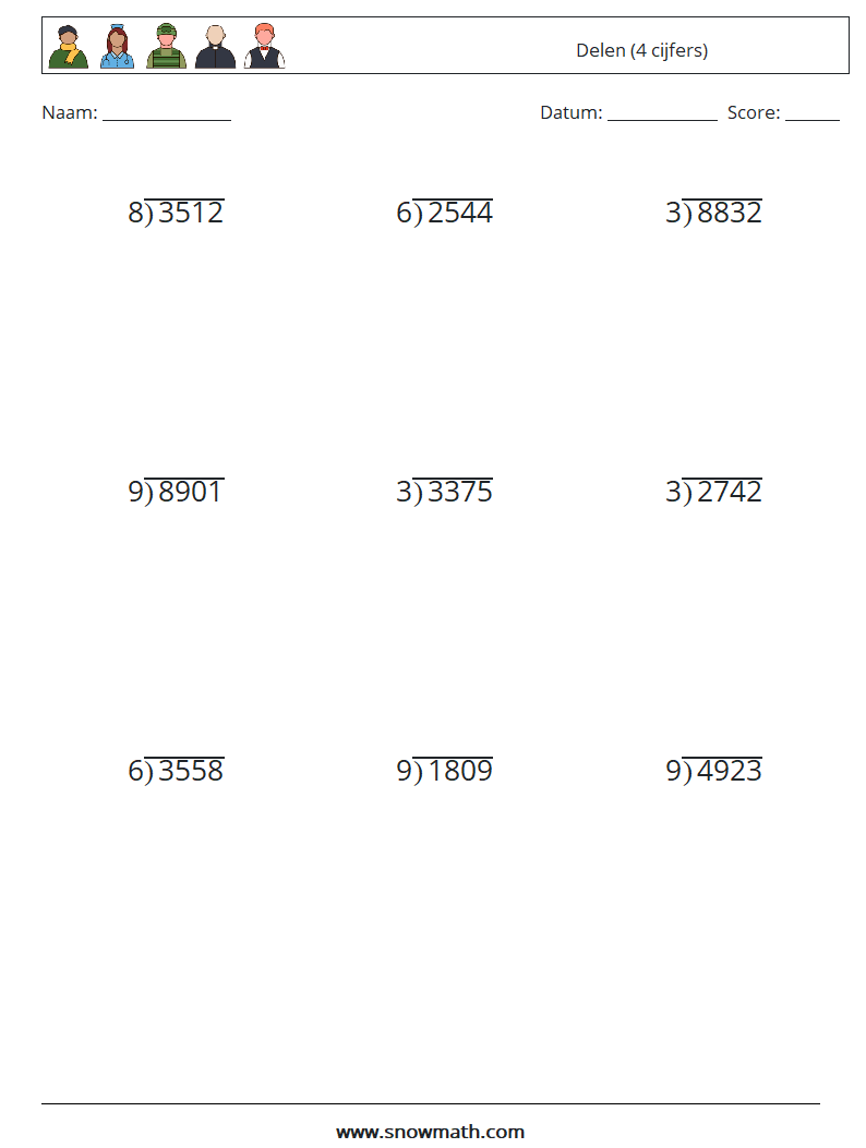 (9) Delen (4 cijfers) Wiskundige werkbladen 14