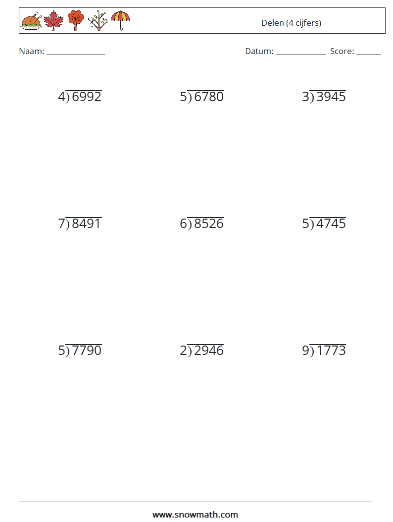 (9) Delen (4 cijfers) Wiskundige werkbladen 15