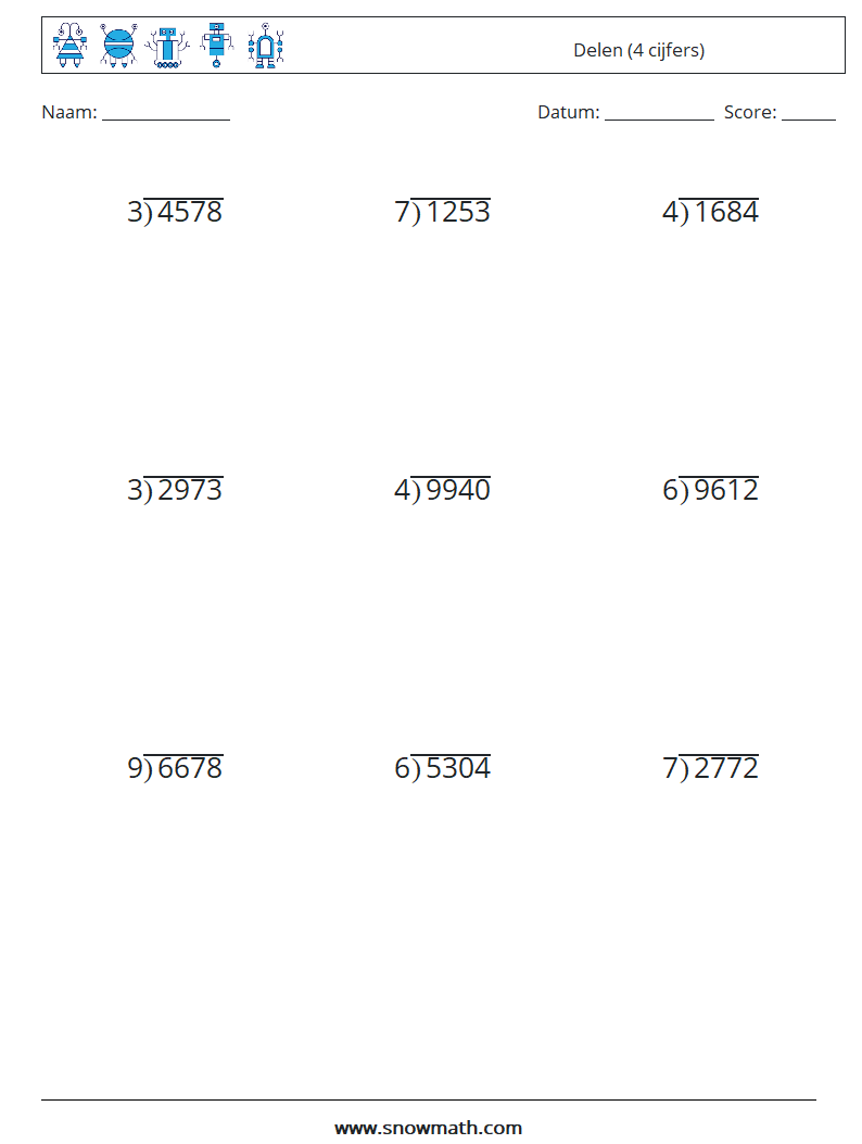 (9) Delen (4 cijfers) Wiskundige werkbladen 16