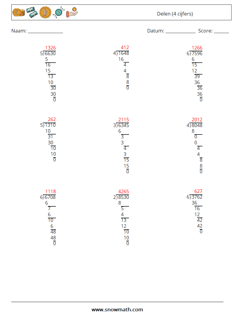 (9) Delen (4 cijfers) Wiskundige werkbladen 17 Vraag, Antwoord