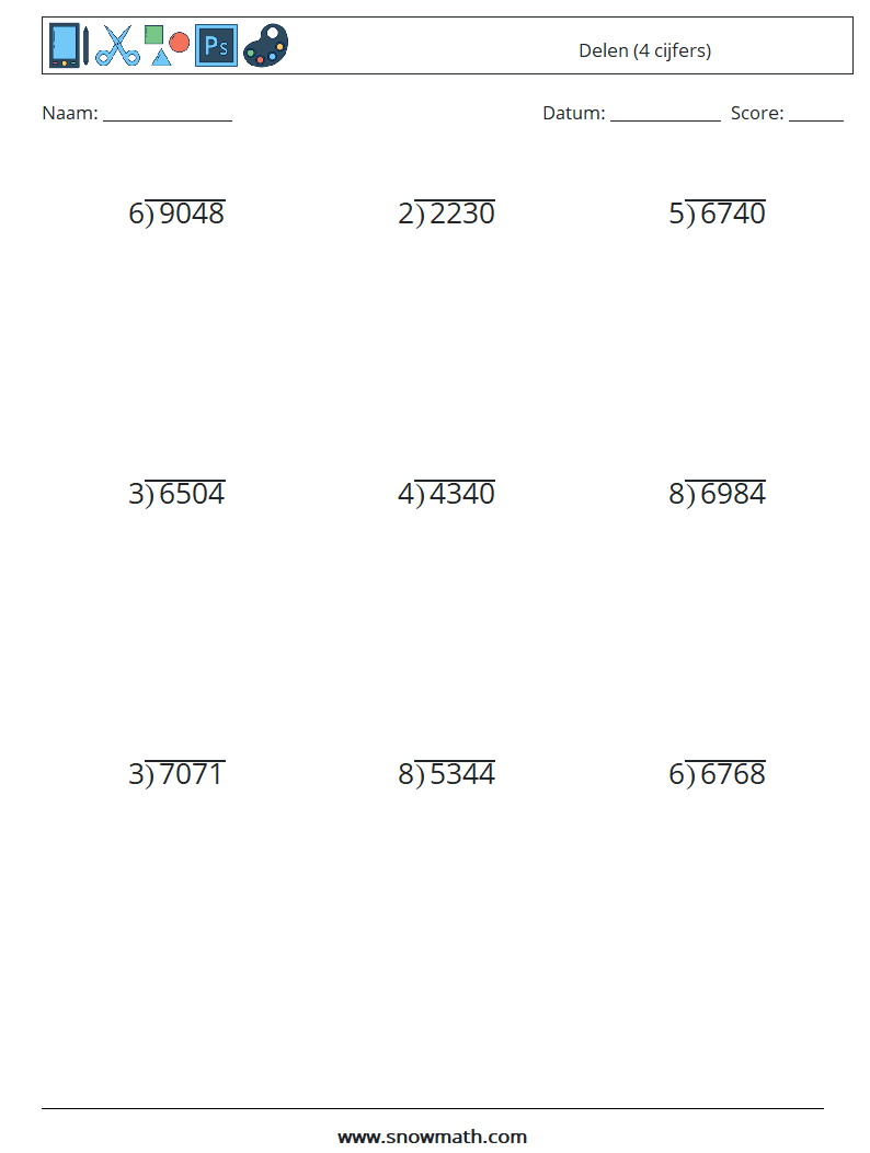 (9) Delen (4 cijfers) Wiskundige werkbladen 18