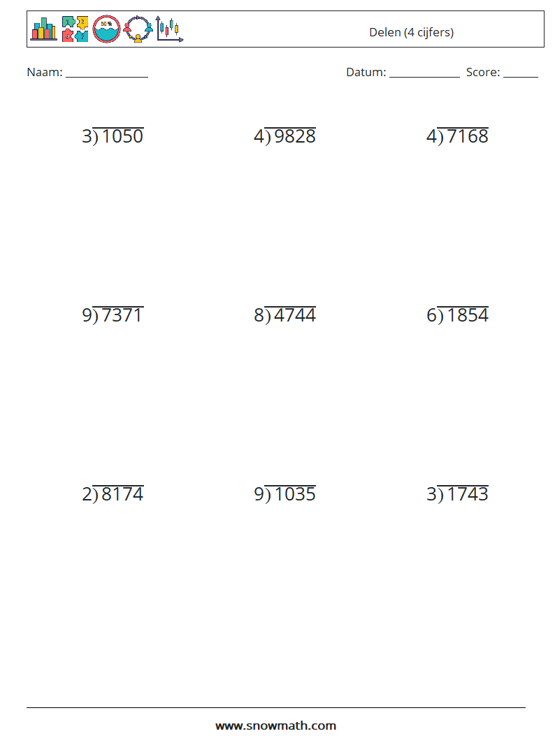 (9) Delen (4 cijfers) Wiskundige werkbladen 3