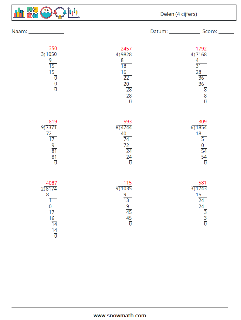 (9) Delen (4 cijfers) Wiskundige werkbladen 3 Vraag, Antwoord