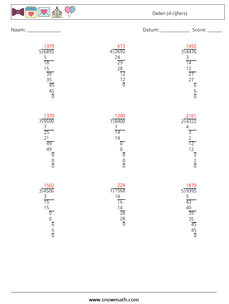 (9) Delen (4 cijfers) Wiskundige werkbladen 4 Vraag, Antwoord