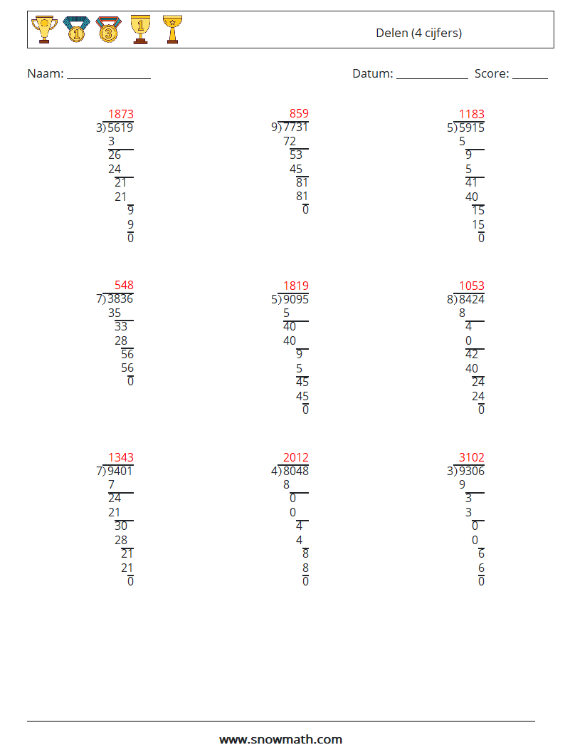 (9) Delen (4 cijfers) Wiskundige werkbladen 5 Vraag, Antwoord