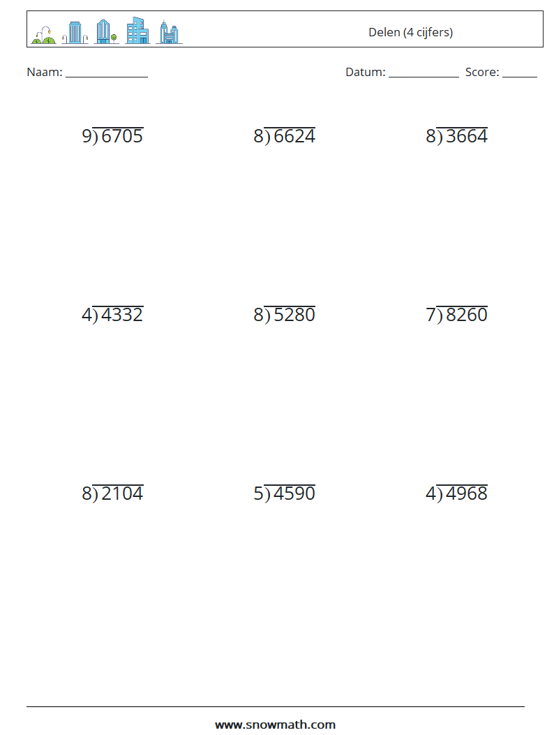 (9) Delen (4 cijfers) Wiskundige werkbladen 6