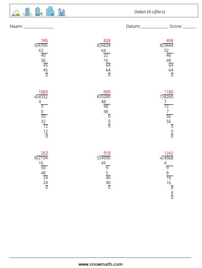 (9) Delen (4 cijfers) Wiskundige werkbladen 6 Vraag, Antwoord