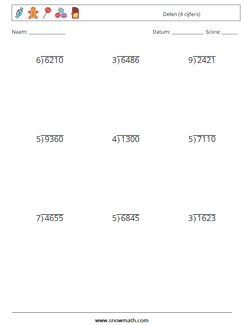(9) Delen (4 cijfers) Wiskundige werkbladen 7