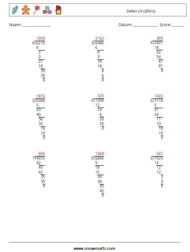 (9) Delen (4 cijfers) Wiskundige werkbladen 7 Vraag, Antwoord