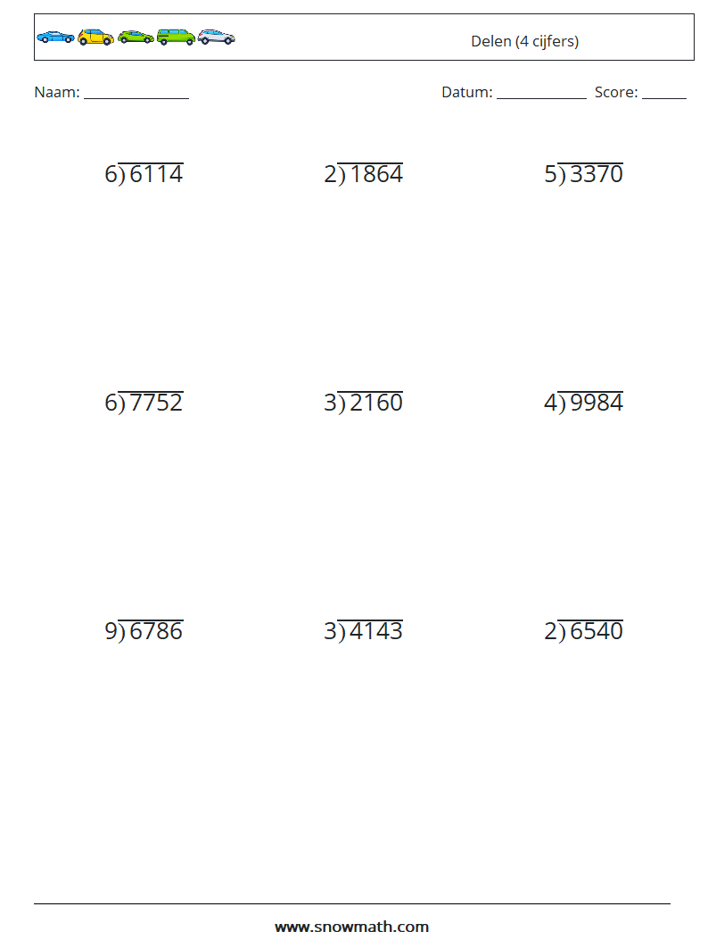 (9) Delen (4 cijfers) Wiskundige werkbladen 8