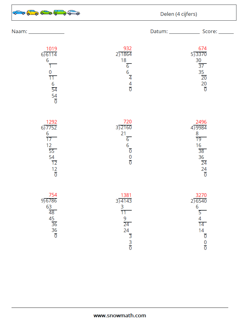 (9) Delen (4 cijfers) Wiskundige werkbladen 8 Vraag, Antwoord