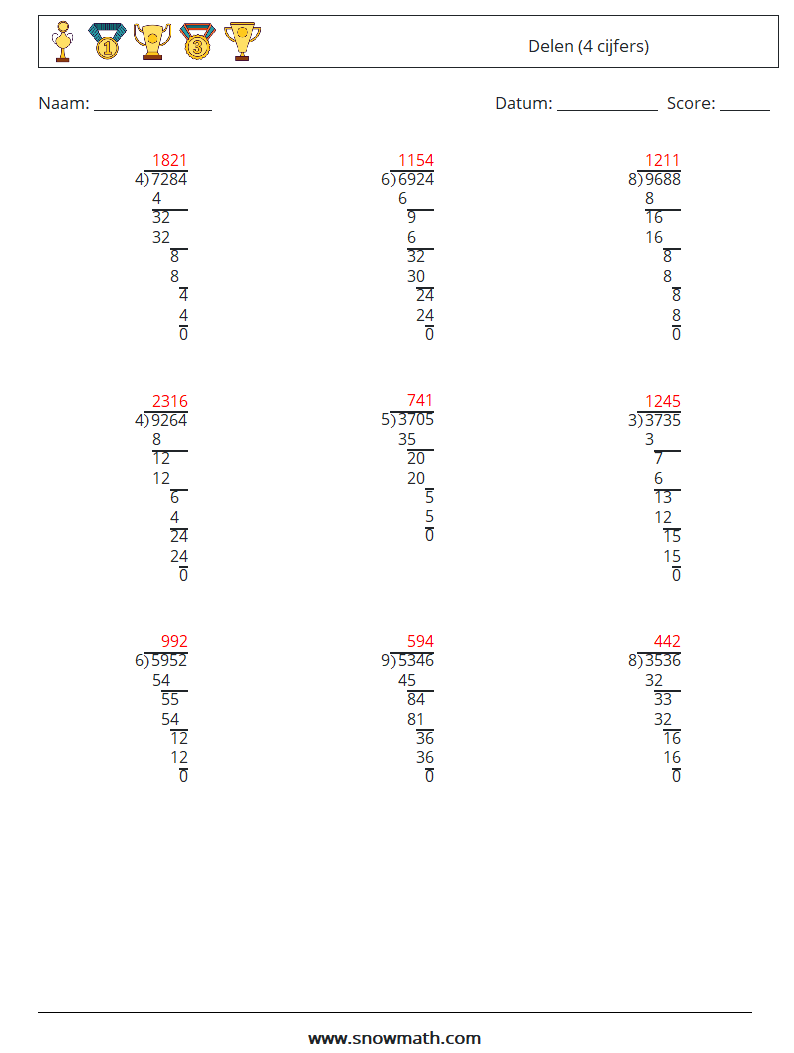 (9) Delen (4 cijfers) Wiskundige werkbladen 9 Vraag, Antwoord