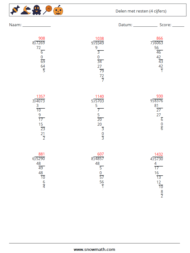 (9) Delen met resten (4 cijfers) Wiskundige werkbladen 10 Vraag, Antwoord