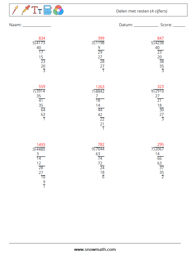 (9) Delen met resten (4 cijfers) Wiskundige werkbladen 11 Vraag, Antwoord