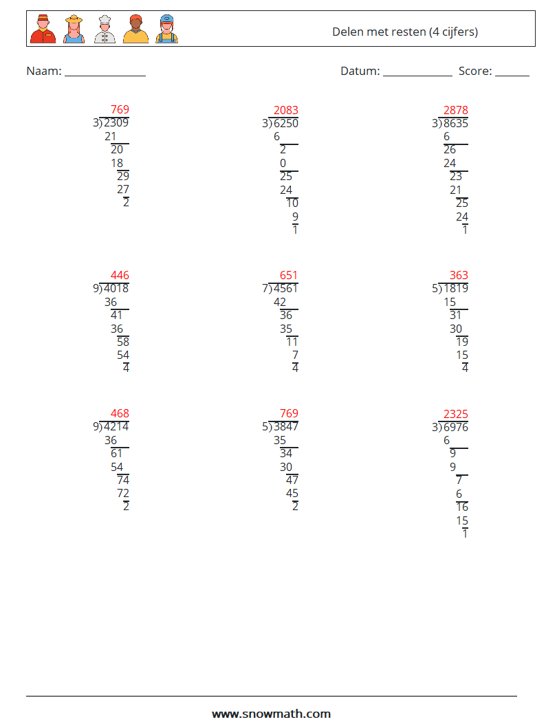 (9) Delen met resten (4 cijfers) Wiskundige werkbladen 12 Vraag, Antwoord