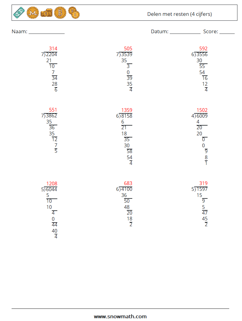 (9) Delen met resten (4 cijfers) Wiskundige werkbladen 14 Vraag, Antwoord