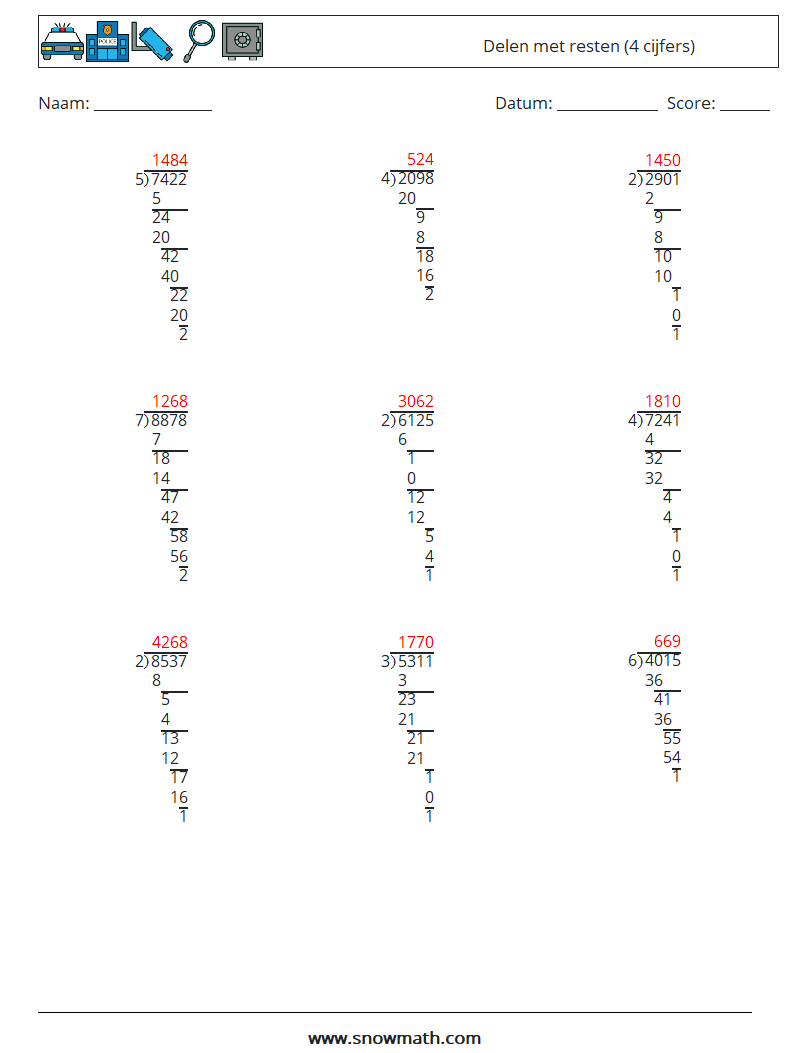 (9) Delen met resten (4 cijfers) Wiskundige werkbladen 1 Vraag, Antwoord