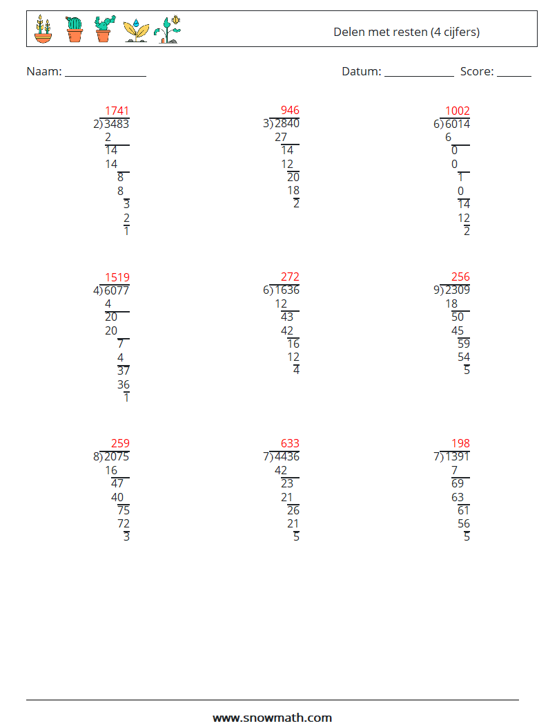 (9) Delen met resten (4 cijfers) Wiskundige werkbladen 3 Vraag, Antwoord