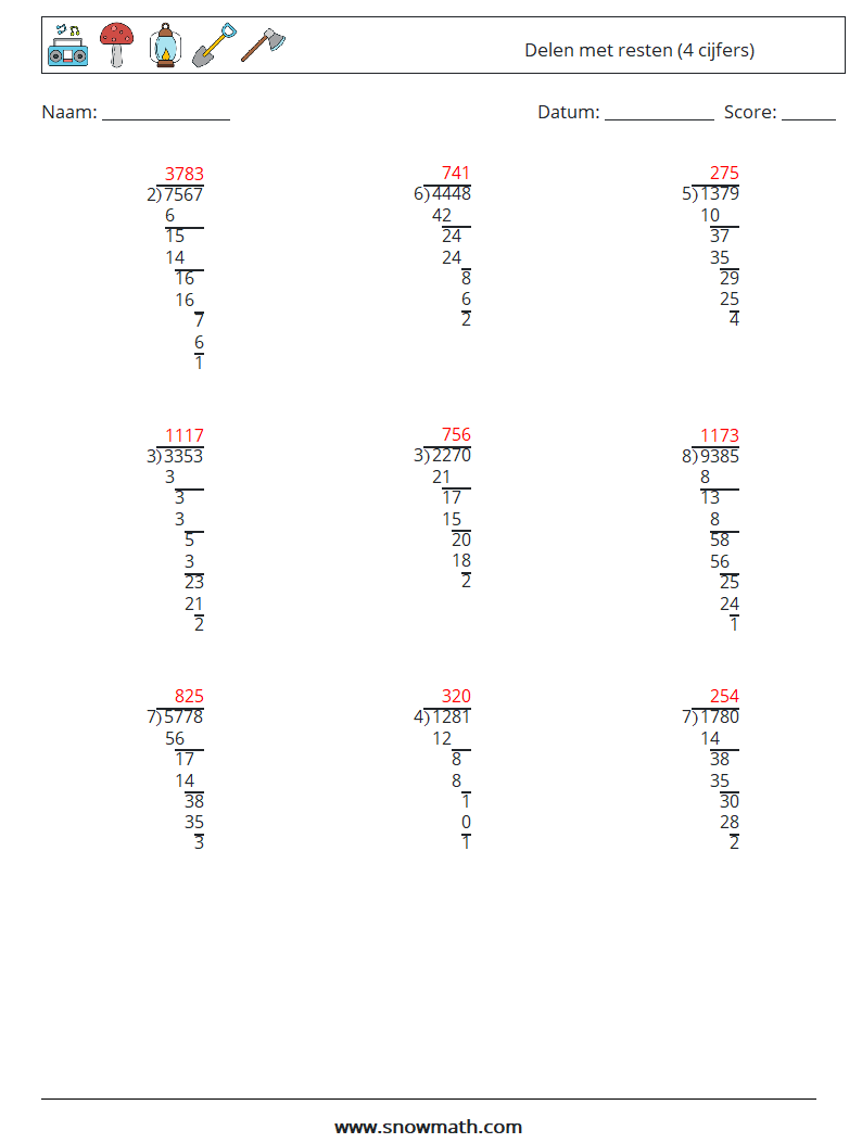 (9) Delen met resten (4 cijfers) Wiskundige werkbladen 4 Vraag, Antwoord