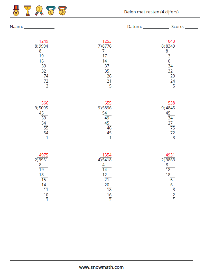 (9) Delen met resten (4 cijfers) Wiskundige werkbladen 5 Vraag, Antwoord