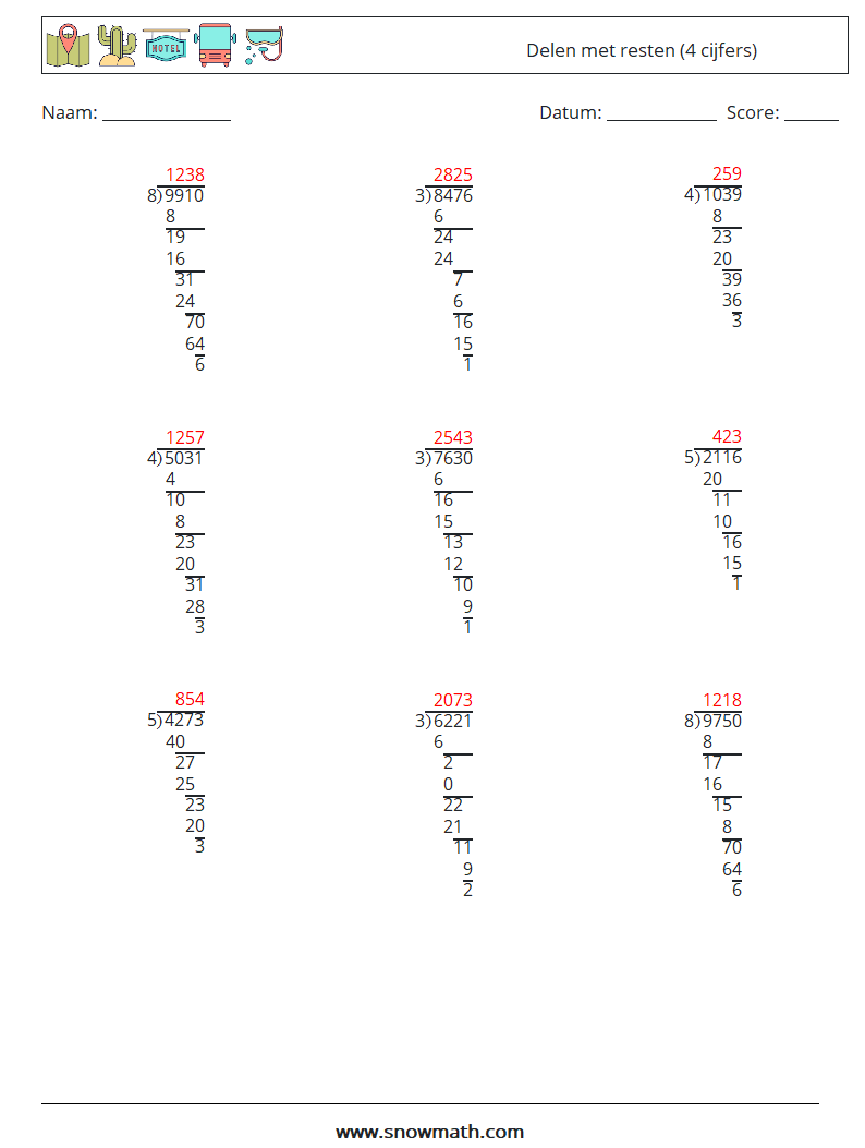 (9) Delen met resten (4 cijfers) Wiskundige werkbladen 7 Vraag, Antwoord