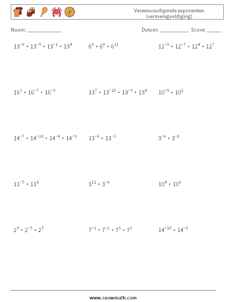 Vereenvoudigende exponenten (vermenigvuldiging) Wiskundige werkbladen 1