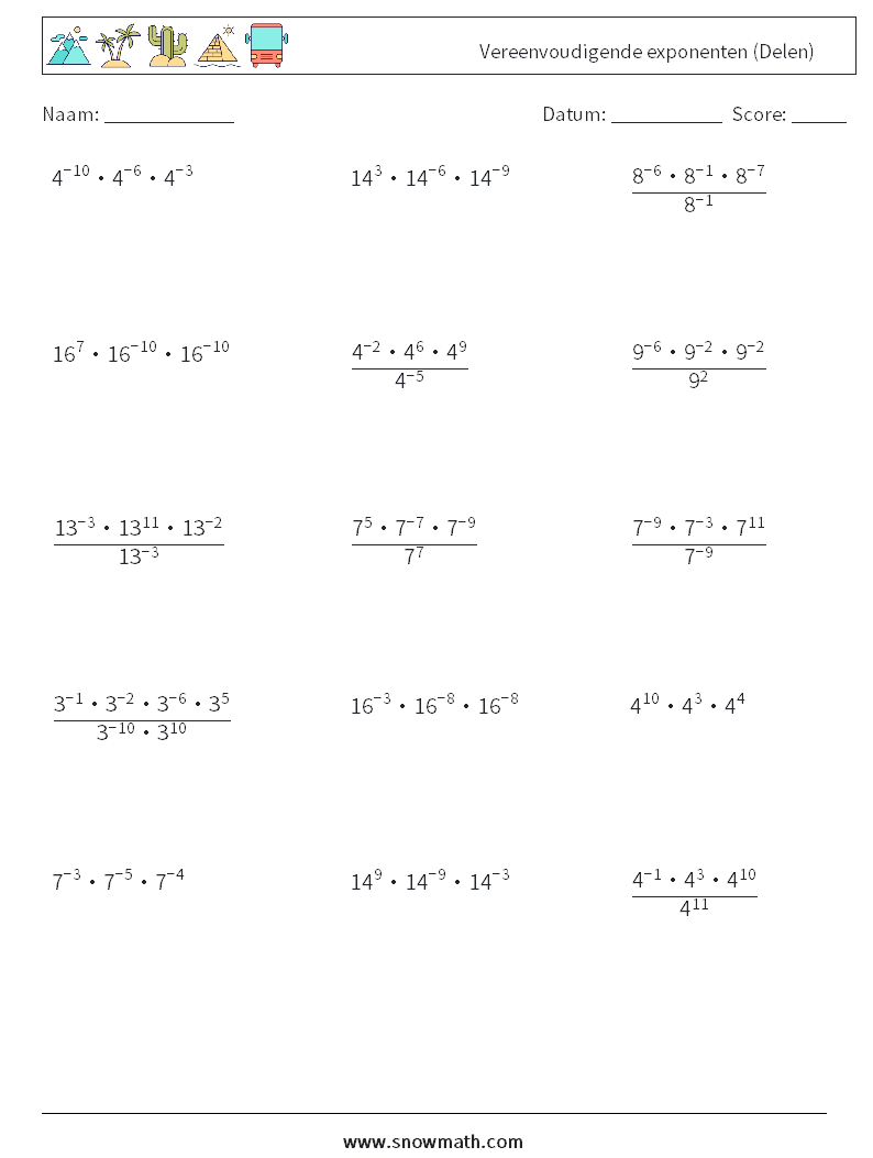 Vereenvoudigende exponenten (Delen) Wiskundige werkbladen 1