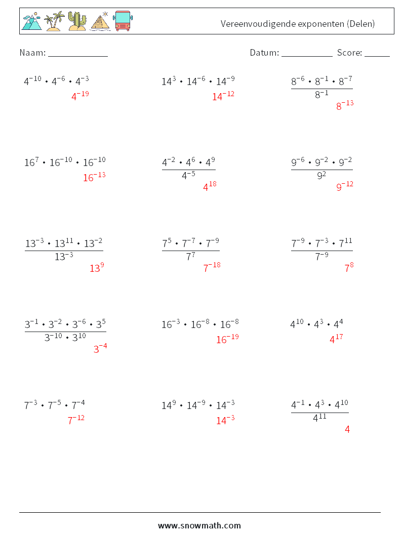 Vereenvoudigende exponenten (Delen) Wiskundige werkbladen 1 Vraag, Antwoord