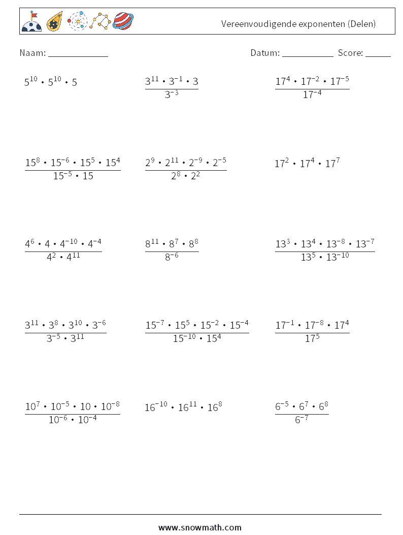 Vereenvoudigende exponenten (Delen) Wiskundige werkbladen 2