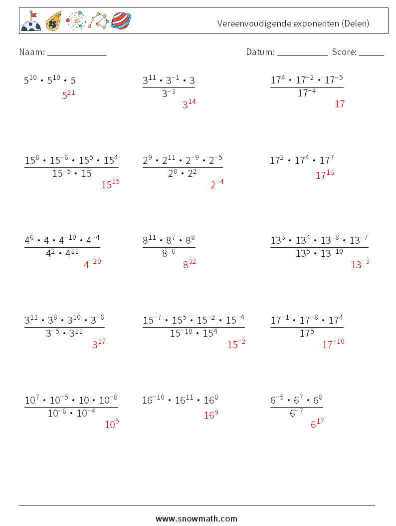 Vereenvoudigende exponenten (Delen) Wiskundige werkbladen 2 Vraag, Antwoord