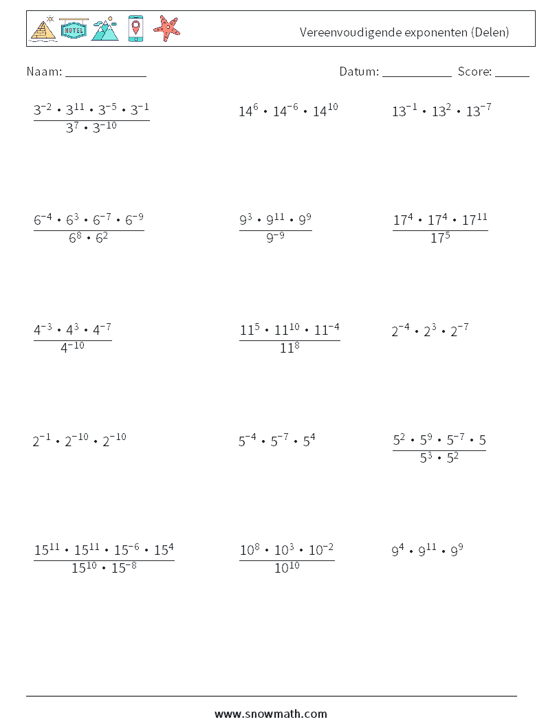 Vereenvoudigende exponenten (Delen) Wiskundige werkbladen 3