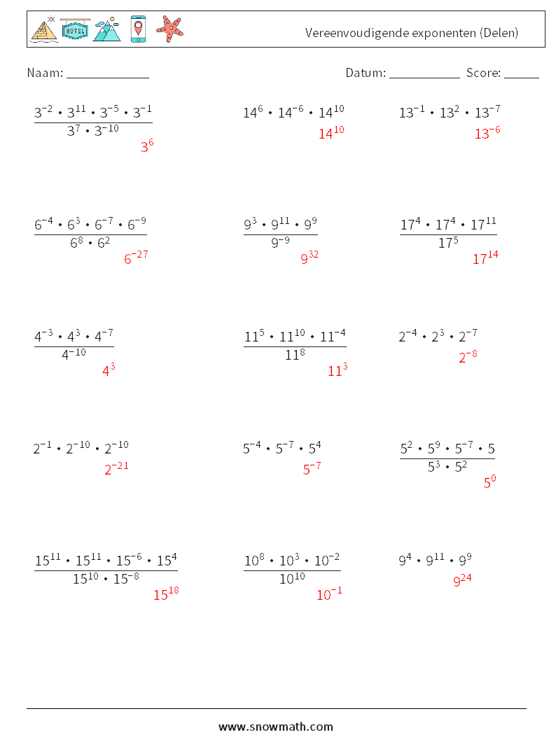 Vereenvoudigende exponenten (Delen) Wiskundige werkbladen 3 Vraag, Antwoord