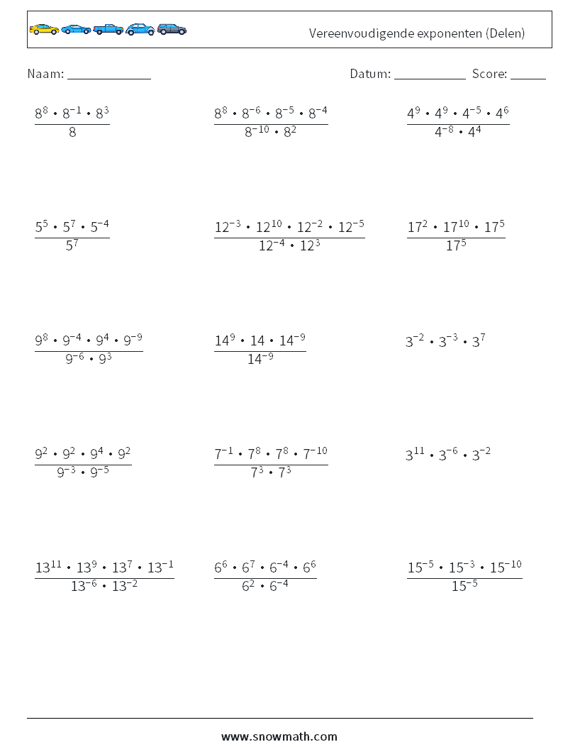 Vereenvoudigende exponenten (Delen) Wiskundige werkbladen 4