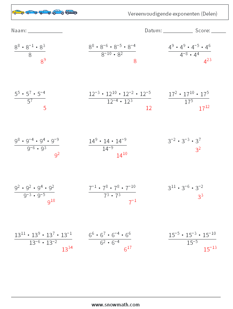Vereenvoudigende exponenten (Delen) Wiskundige werkbladen 4 Vraag, Antwoord