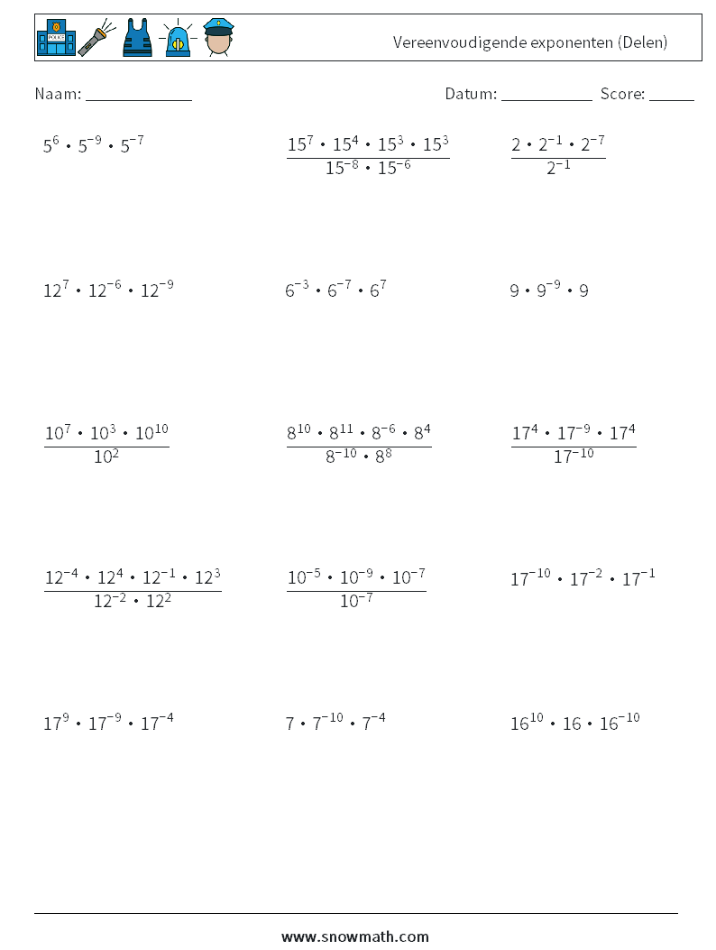 Vereenvoudigende exponenten (Delen) Wiskundige werkbladen 5