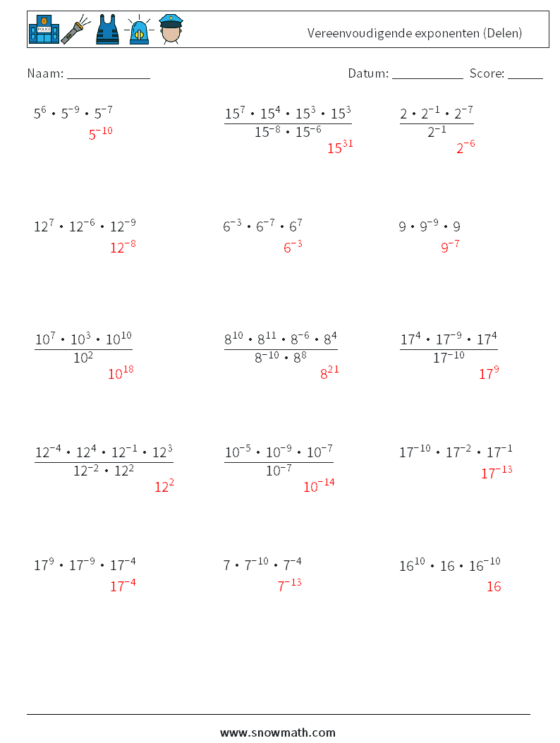 Vereenvoudigende exponenten (Delen) Wiskundige werkbladen 5 Vraag, Antwoord