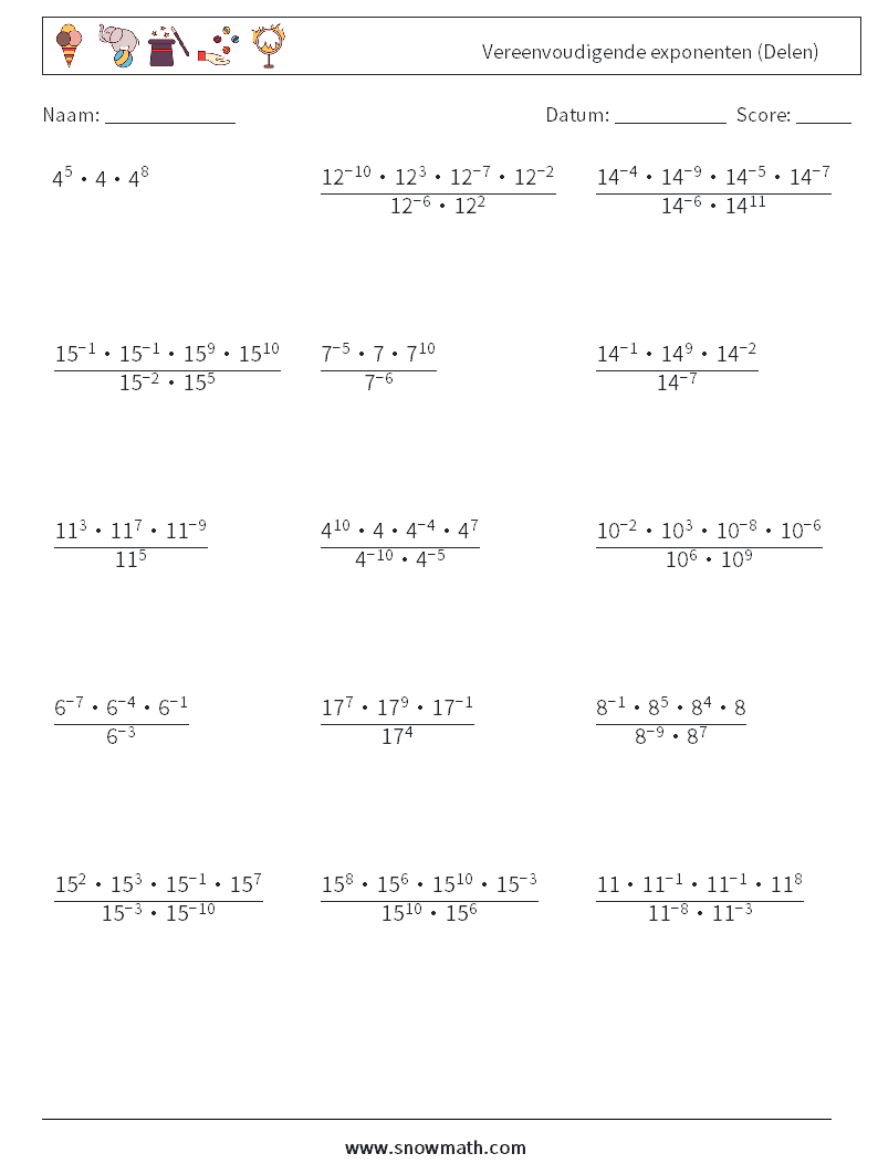 Vereenvoudigende exponenten (Delen) Wiskundige werkbladen 6