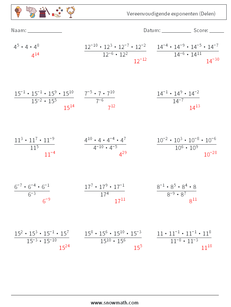 Vereenvoudigende exponenten (Delen) Wiskundige werkbladen 6 Vraag, Antwoord