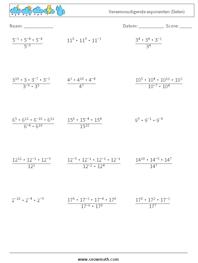 Vereenvoudigende exponenten (Delen) Wiskundige werkbladen 7