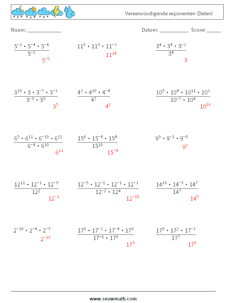 Vereenvoudigende exponenten (Delen) Wiskundige werkbladen 7 Vraag, Antwoord