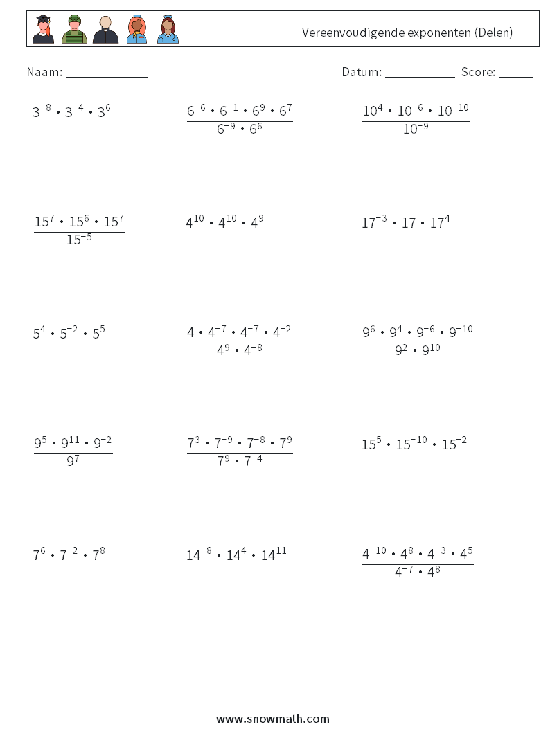 Vereenvoudigende exponenten (Delen) Wiskundige werkbladen 8