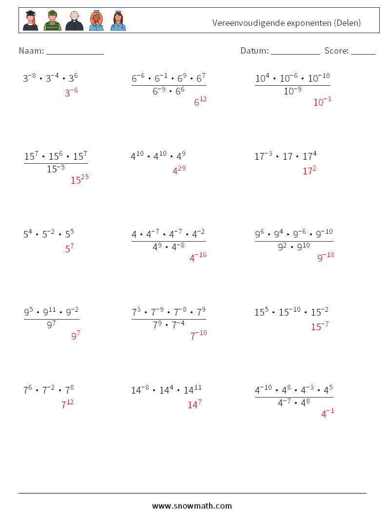 Vereenvoudigende exponenten (Delen) Wiskundige werkbladen 8 Vraag, Antwoord