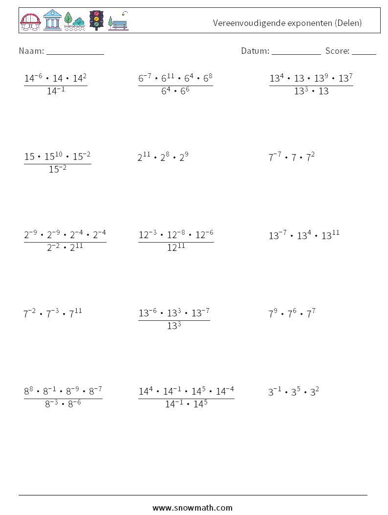 Vereenvoudigende exponenten (Delen) Wiskundige werkbladen 9