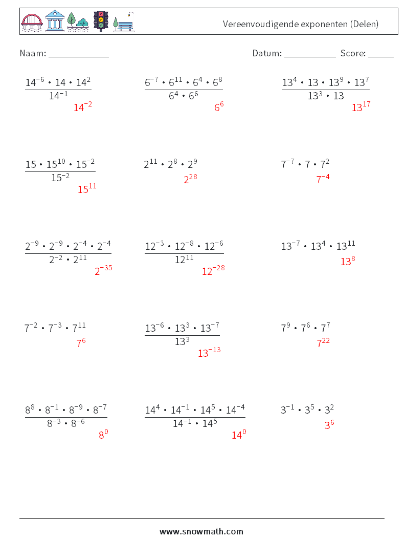 Vereenvoudigende exponenten (Delen) Wiskundige werkbladen 9 Vraag, Antwoord