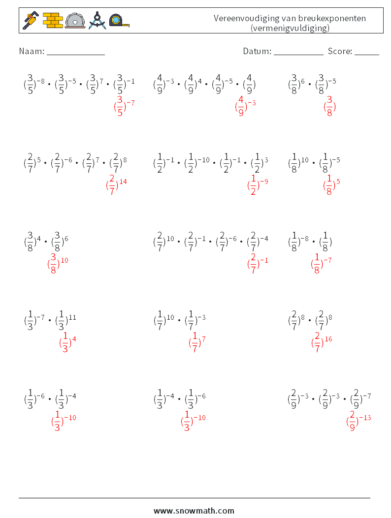 Vereenvoudiging van breukexponenten (vermenigvuldiging) Wiskundige werkbladen 1 Vraag, Antwoord