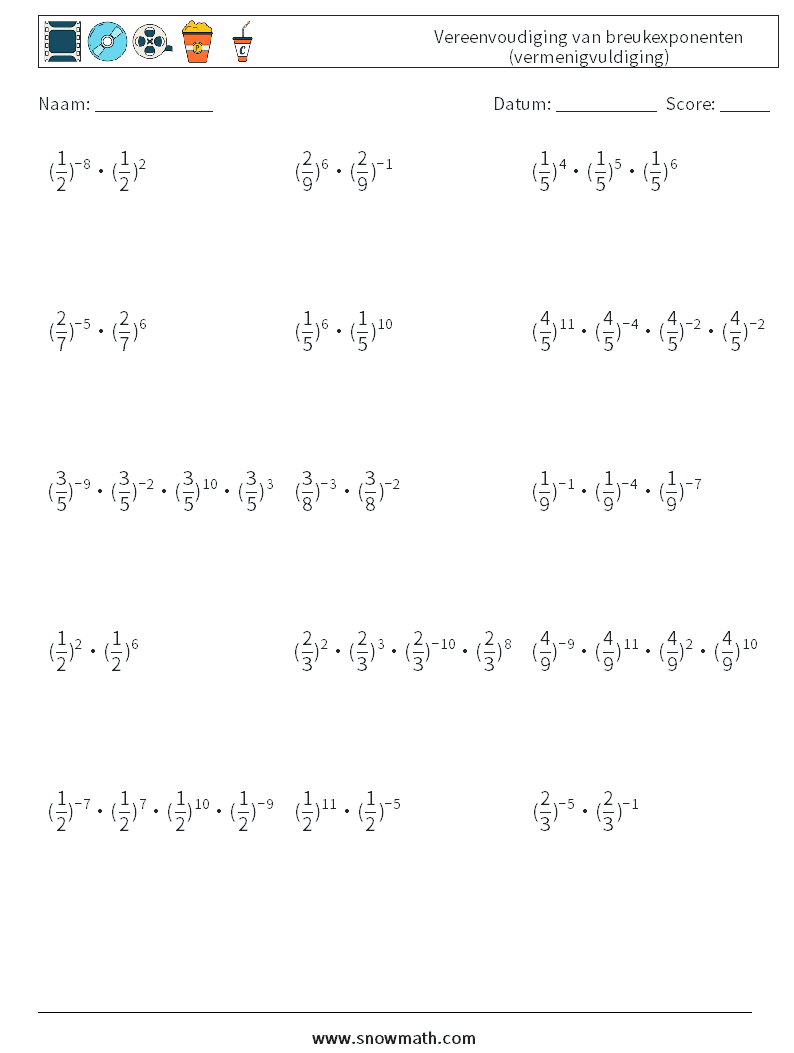 Vereenvoudiging van breukexponenten (vermenigvuldiging) Wiskundige werkbladen 2