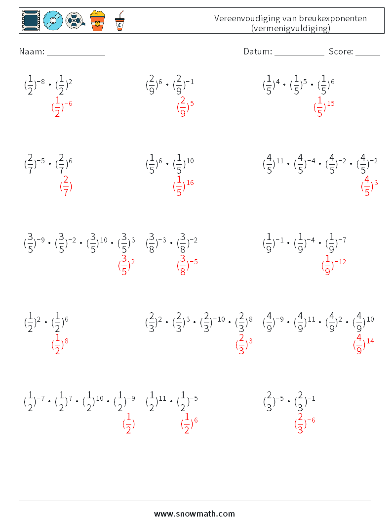 Vereenvoudiging van breukexponenten (vermenigvuldiging) Wiskundige werkbladen 2 Vraag, Antwoord