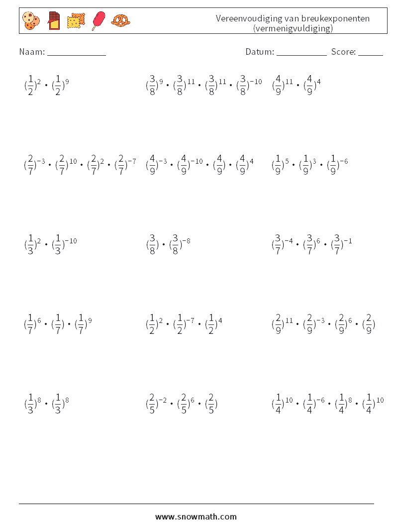 Vereenvoudiging van breukexponenten (vermenigvuldiging) Wiskundige werkbladen 3