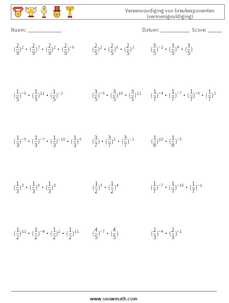 Vereenvoudiging van breukexponenten (vermenigvuldiging) Wiskundige werkbladen 4