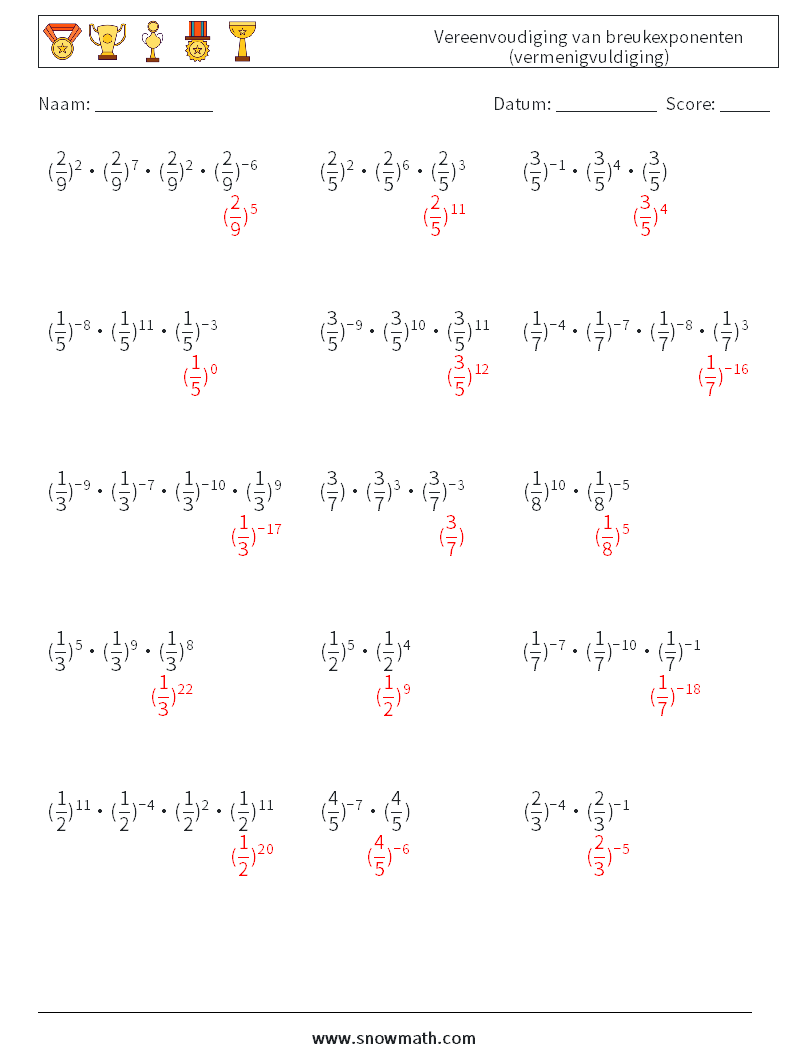 Vereenvoudiging van breukexponenten (vermenigvuldiging) Wiskundige werkbladen 4 Vraag, Antwoord